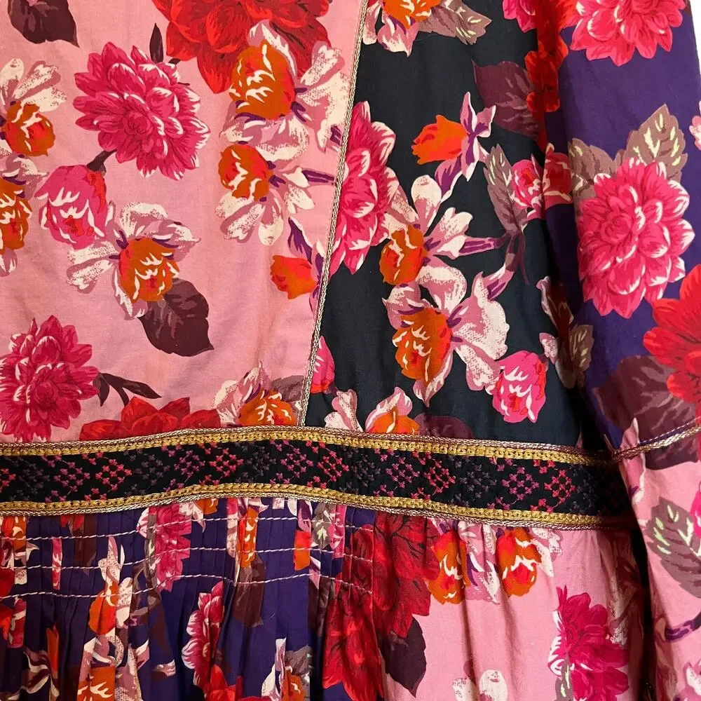 Johnny Was Jade Kimmy Smocked Floral-Print Peasant Top Embroidered Velvet Trim L